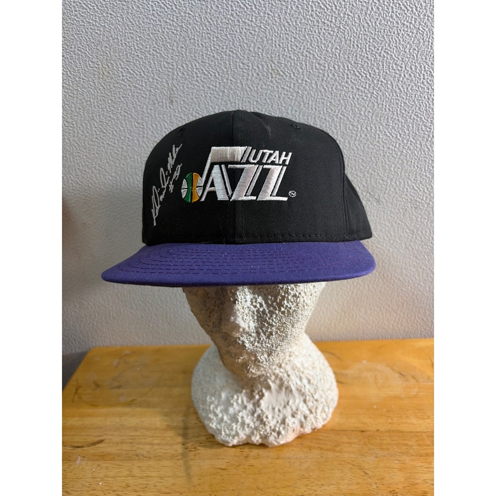 Vintage Utah Jazz Karl Malone 32 AJD Snapback Hat Black Purple NBA Made in USA